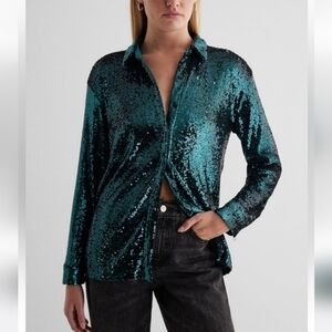 Express Sequin Long Sleeve Top-Emerald NWT Bling Party Festive